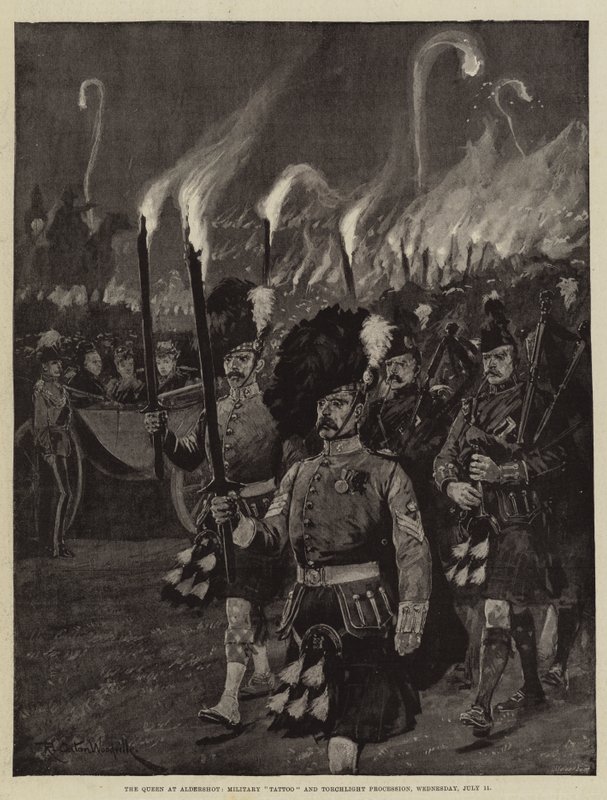 La Reina en Aldershot, desfile militar y procesión con antorchas, miércoles, 11 de julio de Richard Caton Woodville junior