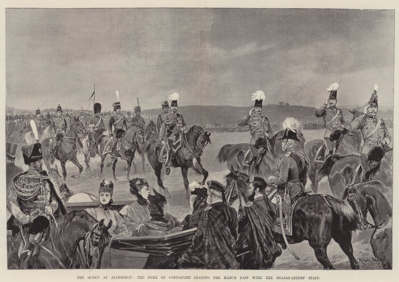 La Reina en Aldershot, el Duque de Connaught liderando el desfile con el Estado Mayor de Richard Caton Woodville junior