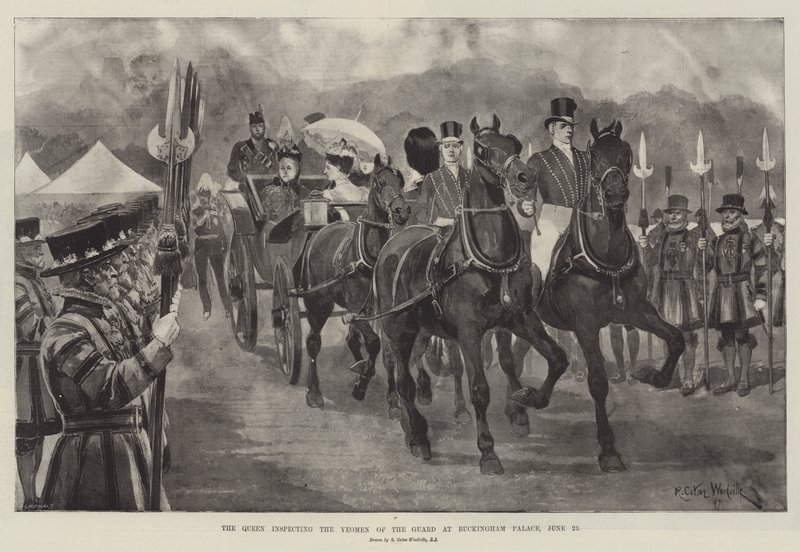La Reina inspeccionando a los Yeomen de la Guardia en el Palacio de Buckingham, 23 de junio de Richard Caton Woodville junior