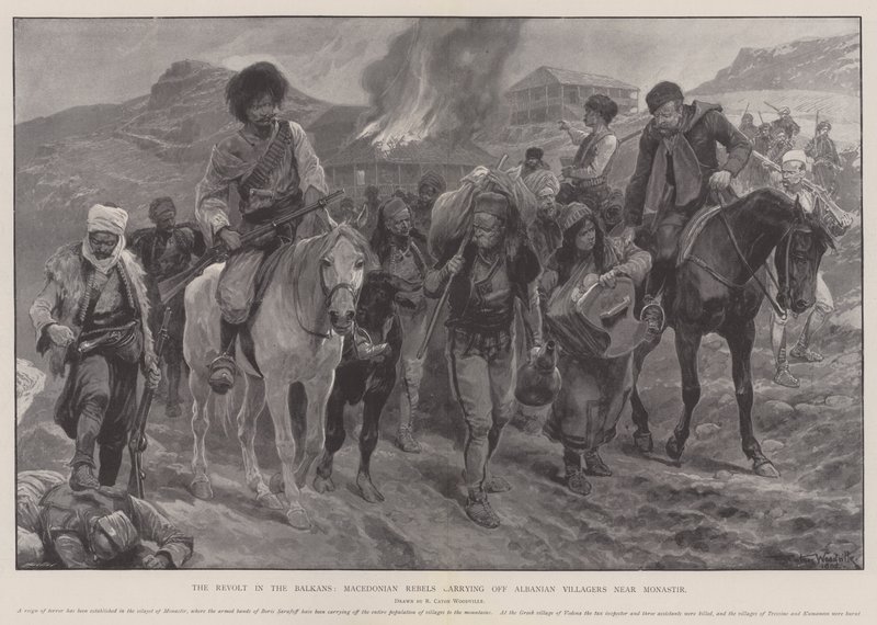 La revuelta en los Balcanes, rebeldes macedonios llevándose aldeanos albaneses cerca de Monastir de Richard Caton Woodville junior