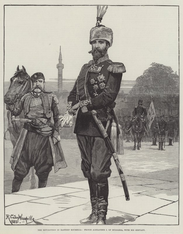 La Revolución en Rumelia Oriental, el Príncipe Alejandro I de Bulgaria, con su sirviente de Richard Caton Woodville junior