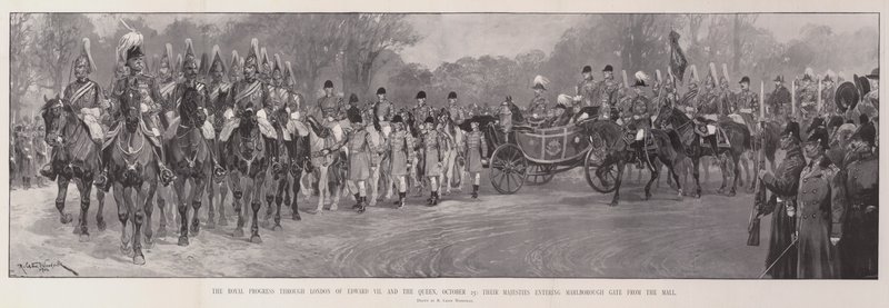 El progreso real por Londres de Eduardo VII y la Reina, 25 de octubre, Sus Majestades entrando por Marlborough Gate desde el Mall de Richard Caton Woodville junior