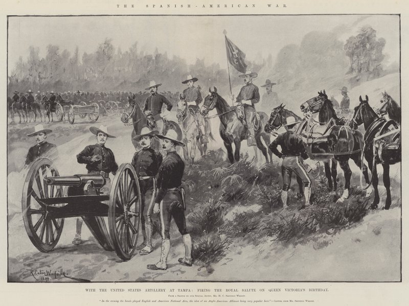 La Guerra Hispanoamericana, con la artillería de los Estados Unidos en Tampa, disparando el saludo real en el cumpleaños de la Reina Victoria de Richard Caton Woodville junior