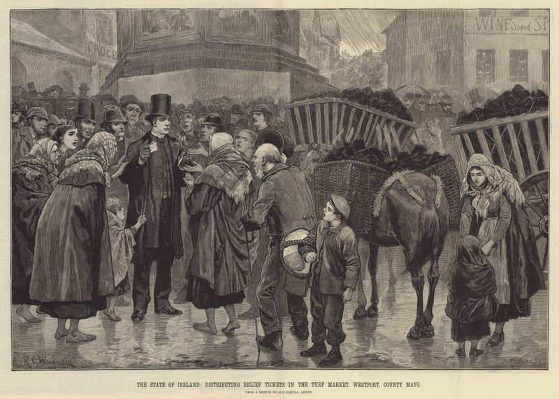 El Estado de Irlanda, distribuyendo Boletos de Ayuda en el Mercado de Césped, Westport, Condado de Mayo de Richard Caton Woodville junior