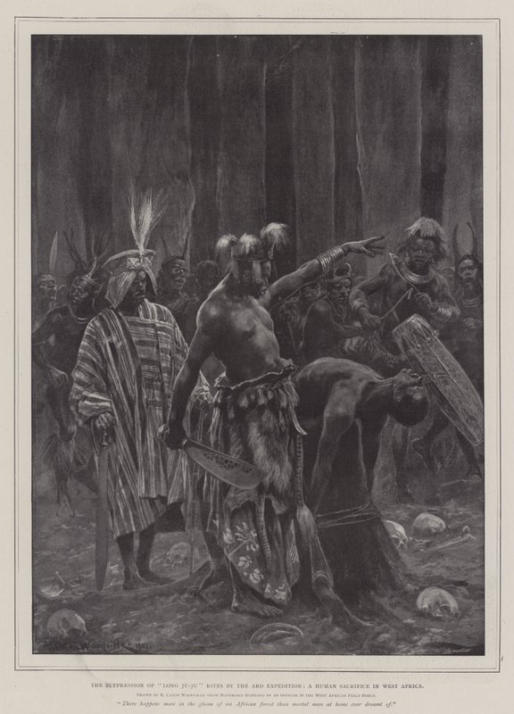 La supresión de los ritos de Long Ju-Ju por la expedición Aro, un sacrificio humano en África Occidental de Richard Caton Woodville junior