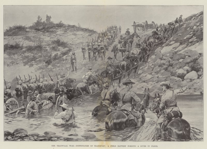 La guerra del Transvaal, dificultades de transporte, una batería de campo cruzando un río en inundación de Richard Caton Woodville junior