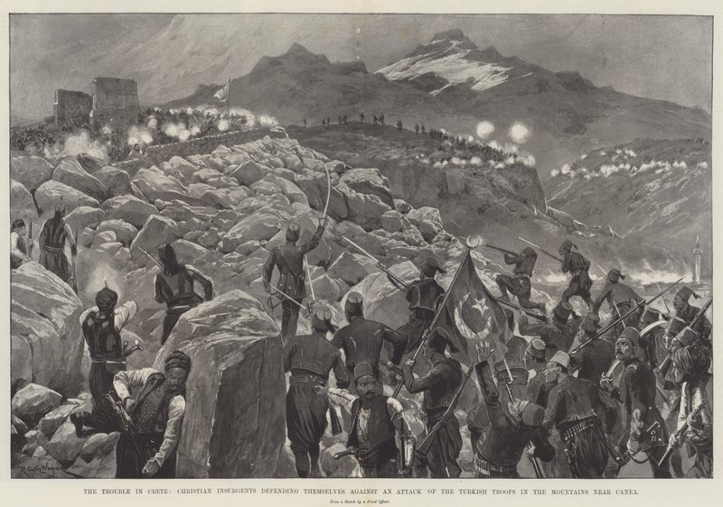 El problema en Creta, insurgentes cristianos defendiéndose contra un ataque de las tropas turcas en las montañas cerca de Canea de Richard Caton Woodville junior