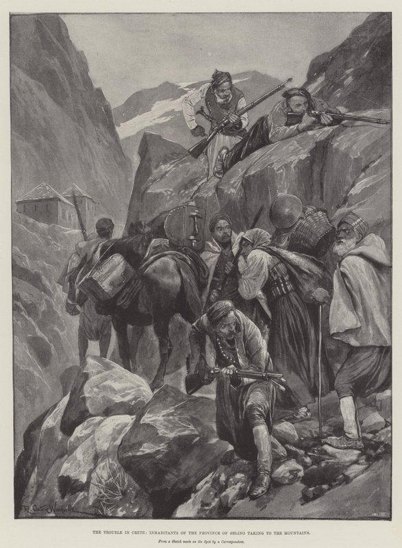 El problema en Creta, habitantes de la provincia de Selino huyendo a las montañas de Richard Caton Woodville junior