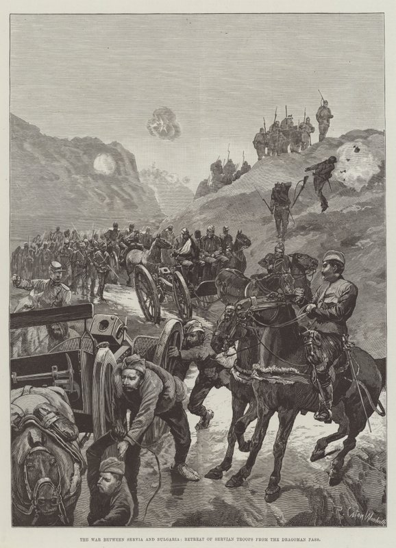 La guerra entre Serbia y Bulgaria, retirada de las tropas serbias del Paso de Dragoman de Richard Caton Woodville junior