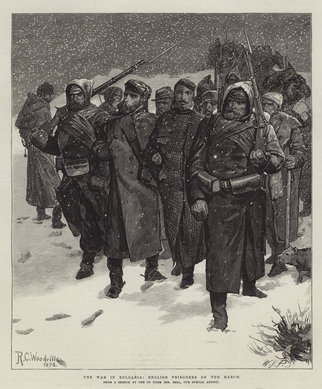 La guerra en Bulgaria, prisioneros ingleses en marcha de Richard Caton Woodville junior