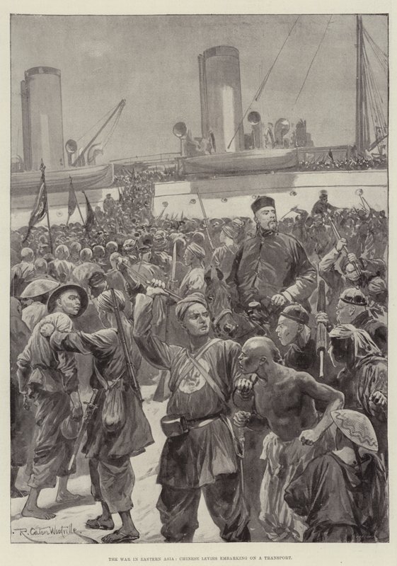 La guerra en Asia Oriental, levas chinas embarcando en un transporte de Richard Caton Woodville junior