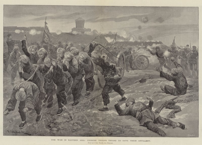 La guerra en Asia Oriental, tropas chinas tratando de salvar su artillería de Richard Caton Woodville junior