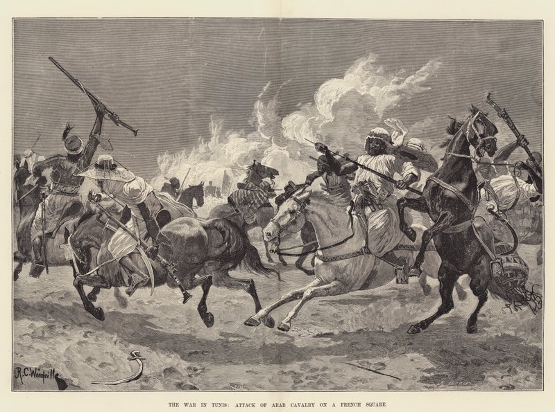 La guerra en Túnez, ataque de la caballería árabe a un cuadro francés de Richard Caton Woodville junior