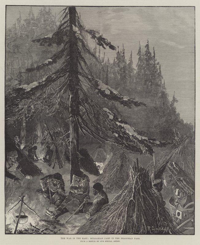 La guerra en el Este, campamento búlgaro en el paso de Dragoman de Richard Caton Woodville junior