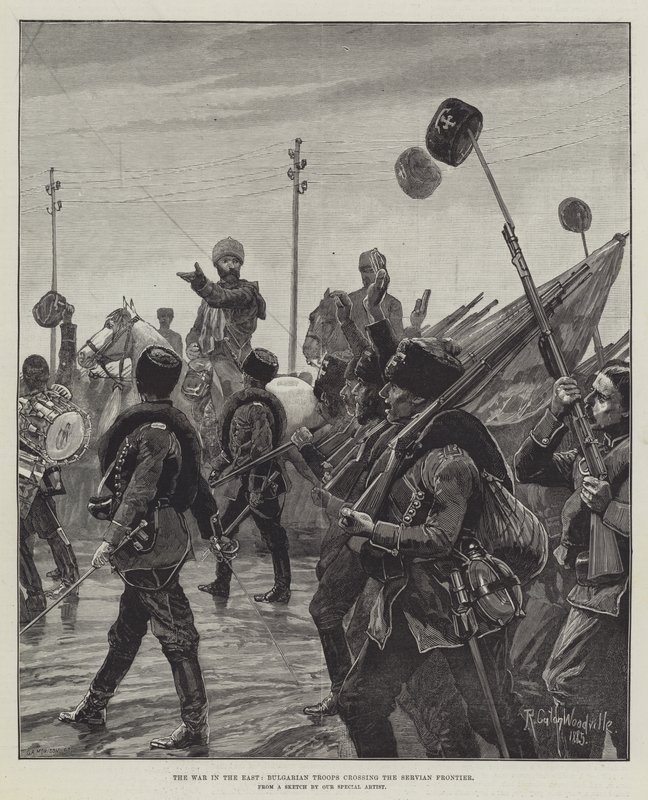 La guerra en el Este, tropas búlgaras cruzando la frontera serbia de Richard Caton Woodville junior