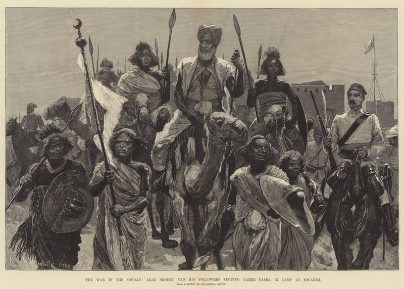 La guerra en el Sudán, jeque árabe y sus seguidores visitando al Pasha Baker en el campamento en Souakim de Richard Caton Woodville junior