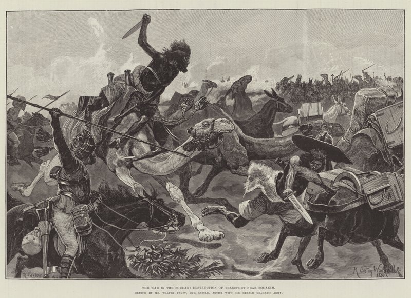 La guerra en Sudán, destrucción de transporte cerca de Souakim de Richard Caton Woodville junior