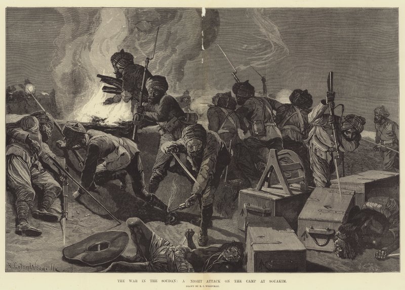 La guerra en Sudán, un ataque nocturno al campamento en Souakim de Richard Caton Woodville junior