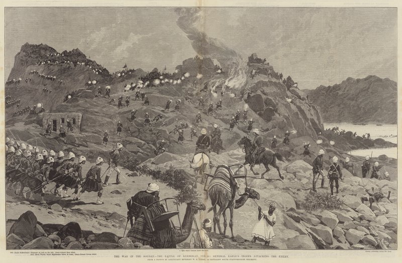 La guerra en Sudán, la batalla de Kerbekan, 10 de febrero, las tropas del General Earle atacando al enemigo de Richard Caton Woodville junior