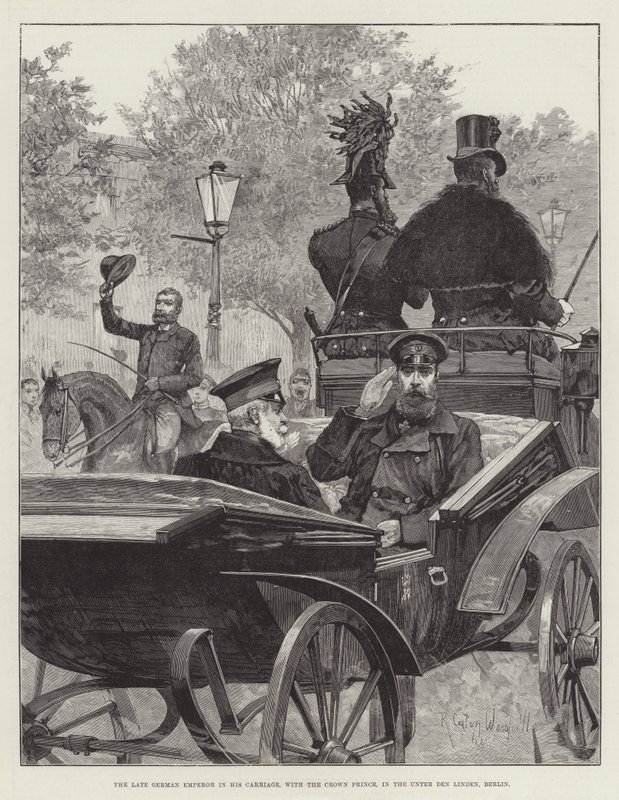 El difunto emperador alemán en su carruaje, con el príncipe heredero, en el Unter den Linden, Berlín de Richard Caton Woodville junior
