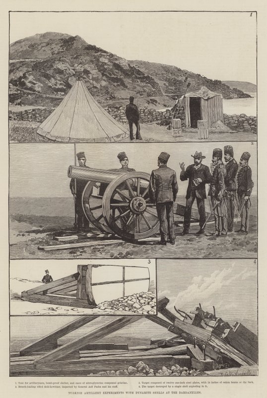 Experimentos de artillería turca con proyectiles de dinamita en los Dardanelos de Richard Caton Woodville junior