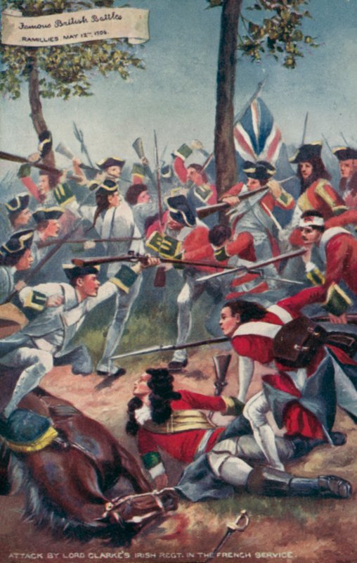 Ataque del Regimiento Irlandés de Lord Clarke al servicio de Francia, Batalla de Ramillies, Guerra de Sucesión Española, 1706 de Richard Caton II Woodville
