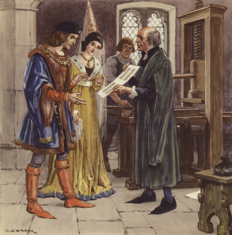 William Caxton mostrando una página impresa a Eduardo IV y su Reina de Richard Henry Brock