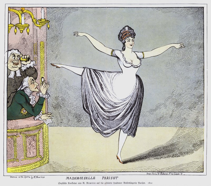 Caricatura inglesa que representa a miembros masculinos de la audiencia cautivados por una actuación de la controvertida bailarina francesa Mademoiselle Parisot, 1802 de Richard Newton