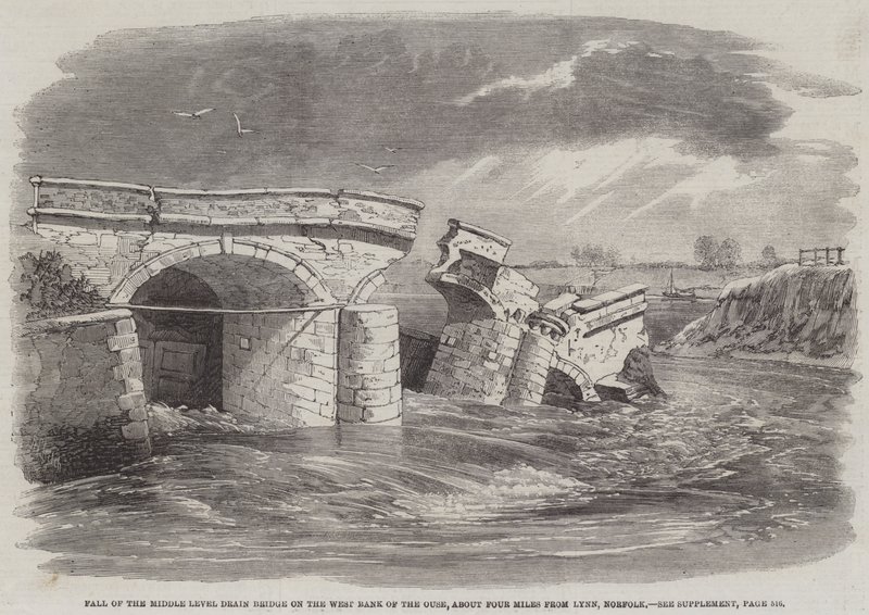 Caída del puente del Middle Level Drain en la orilla oeste del Ouse, a unas cuatro millas de Lynn, Norfolk de Richard Principal Leitch