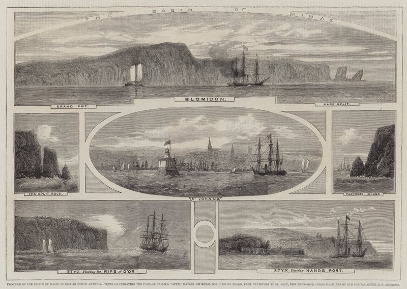 Progreso del Príncipe de Gales en América del Norte Británica, Vistas que ilustran el Paso del HMS Styx, con Su Alteza Real a Bordo, de Handsport a St John, New Brunswick de Richard Principal Leitch