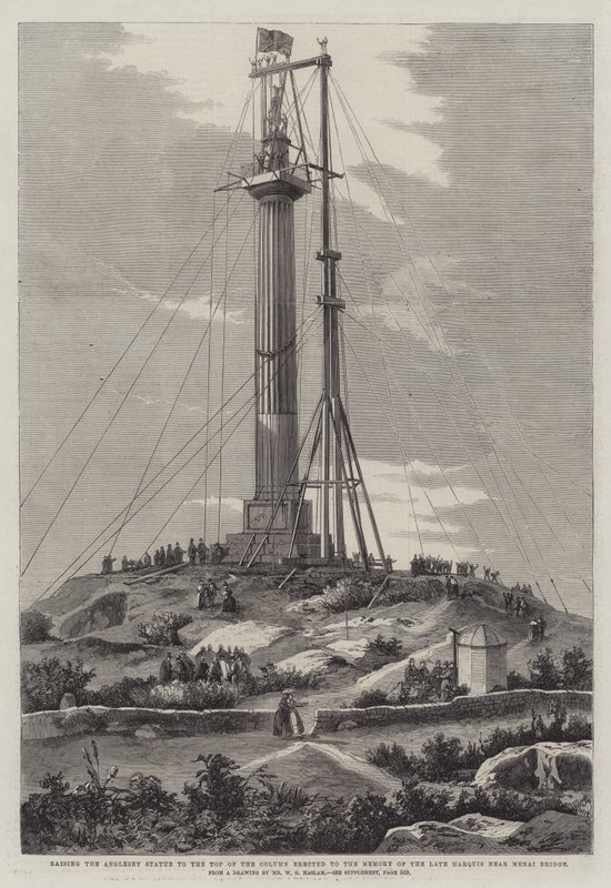 Elevando la estatua de Anglesey a la cima de la columna erigida en memoria del difunto marqués cerca del puente Menai de Richard Principal Leitch