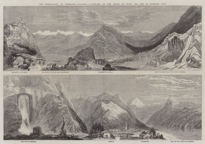 El Stereorama en los Jardines de Cremorne, Panorama de la Ruta a Italia, vía el Paso de San Gotardo de Richard Principal Leitch