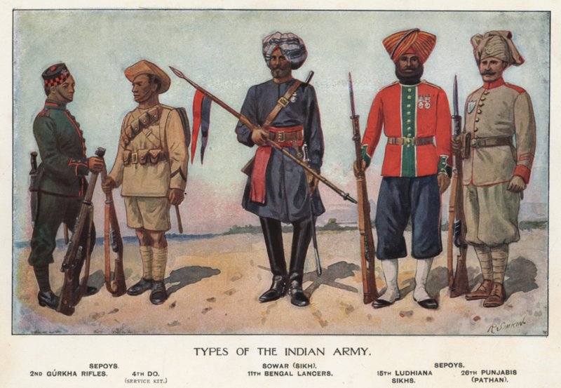 Soldados del ejército indio (litografía a color) de Richard (after) Simkin