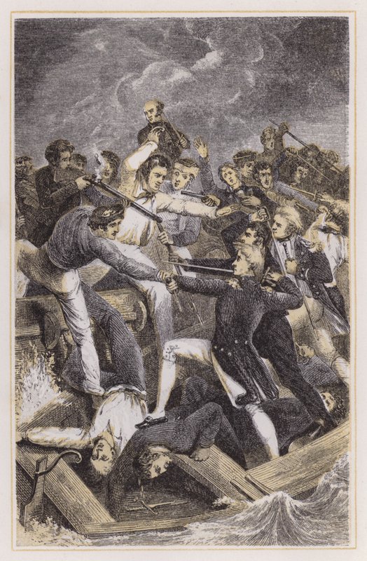 Conflicto con una lancha española (grabado en color) de Richard (after) Westall