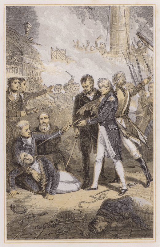 Nelson recibiendo la espada del almirante español (grabado en color) de Richard (after) Westall