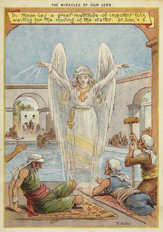 Los milagros de Cristo: enfermos esperando el movimiento del agua por un ángel de Richard Andre