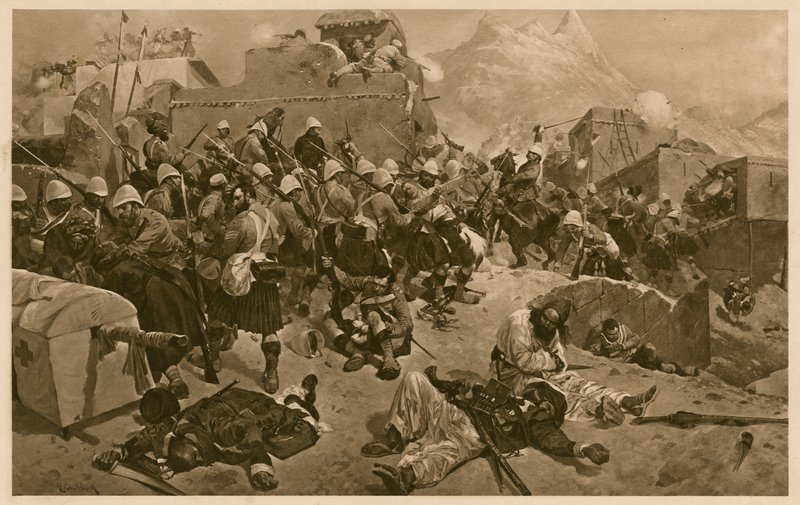92º Highlanders y 2º Gurkhas asaltando Gundi Mulla Sahibdad durante la Batalla de Kandahar, Afganistán, Segunda Guerra Anglo-Afgana de Richard Caton II (after) Woodville