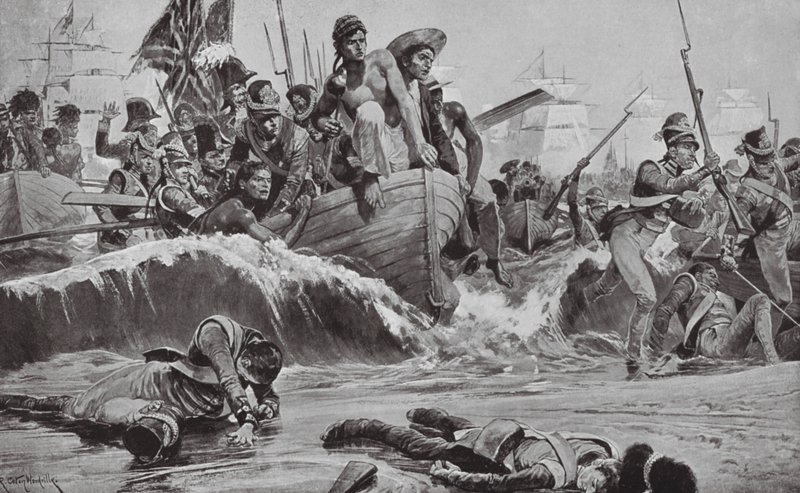 Las tropas británicas fuerzan un desembarco en la bahía de Aboukir frente a las baterías francesas (litografía) de Richard Caton II (after) Woodville