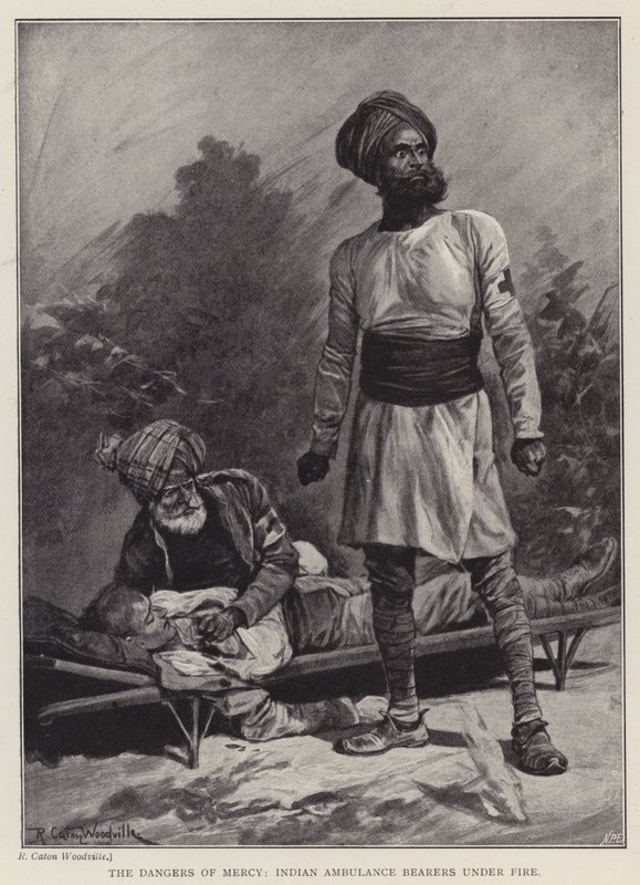 Los peligros de la misericordia, camilleros indios bajo fuego de Richard Caton II (after) Woodville