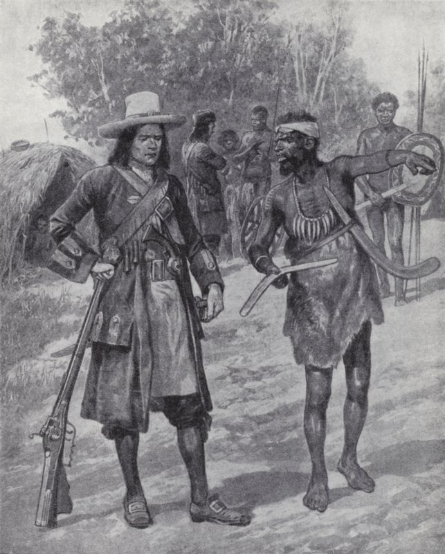 William Dampier con un hombre indígena durante su exploración de Australia, finales del siglo XVII de Richard Caton II (after) Woodville