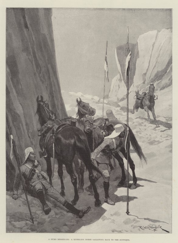 Un Mensajero Mudo, un Caballo sin Jinete galopando de regreso a los Apoyos de Richard Caton Woodville junior