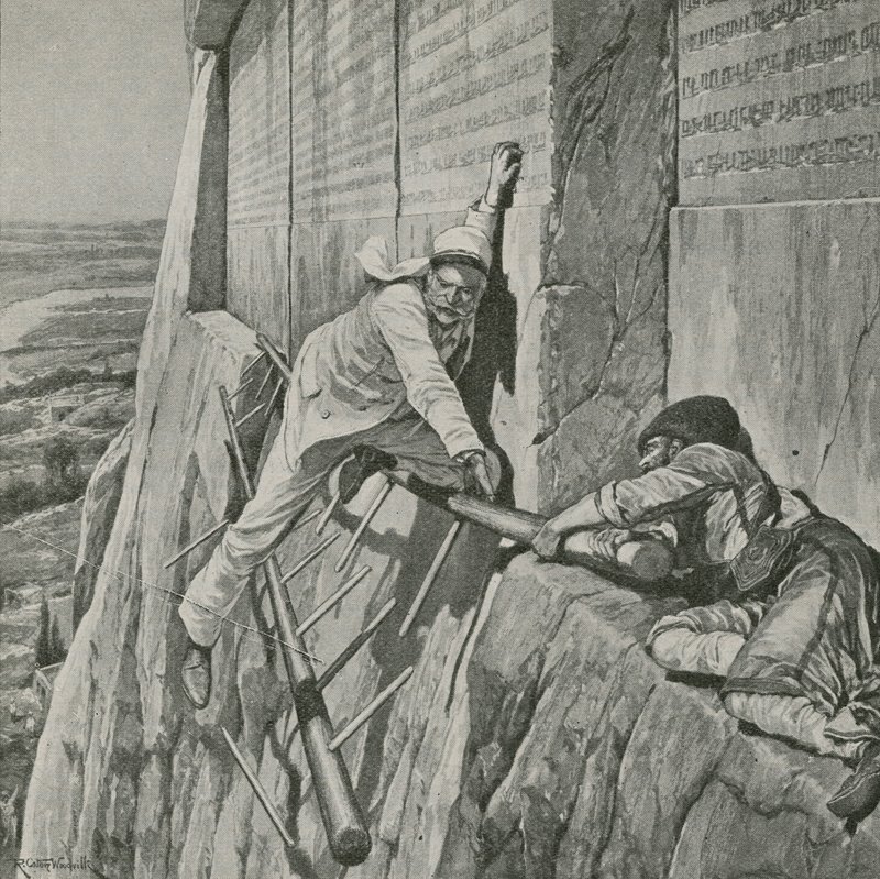 Un escape estrecho para Sir Henry Rawlinson en la Roca de Behistun de Richard Caton Woodville junior