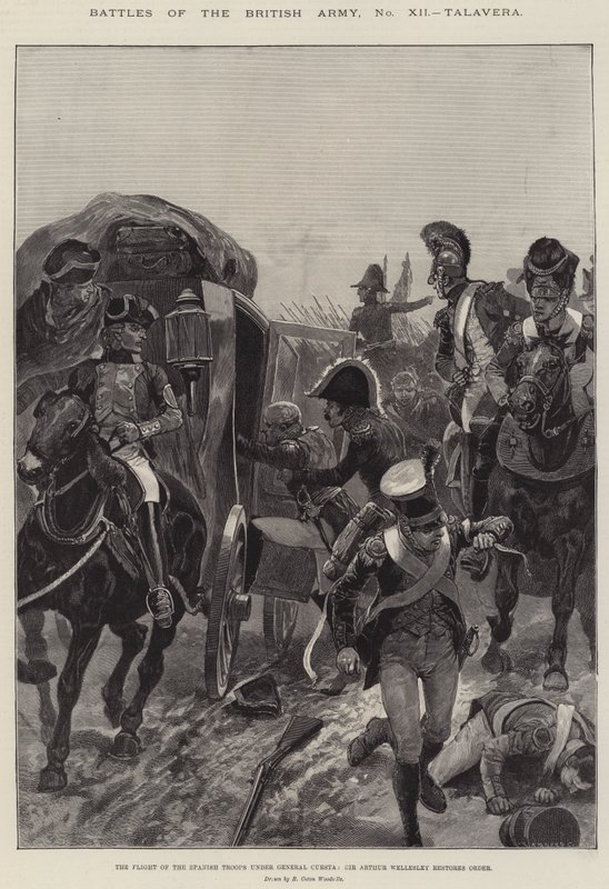 Batallas del Ejército Británico, Talavera, la Huida de las Tropas Españolas bajo el General Cuesta, Sir Arthur Wellesley restaura el Orden de Richard Caton Woodville junior