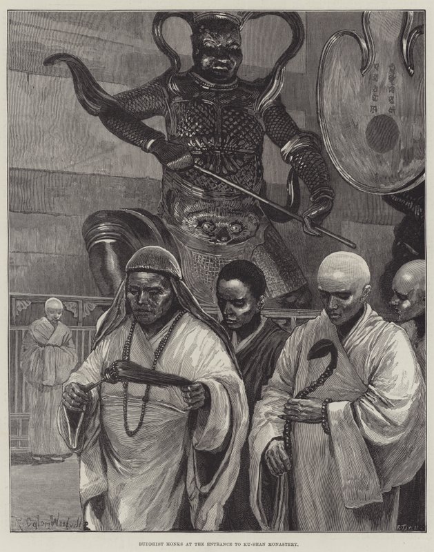 Monjes budistas en la entrada del Monasterio Ku-Shan de Richard Caton Woodville junior