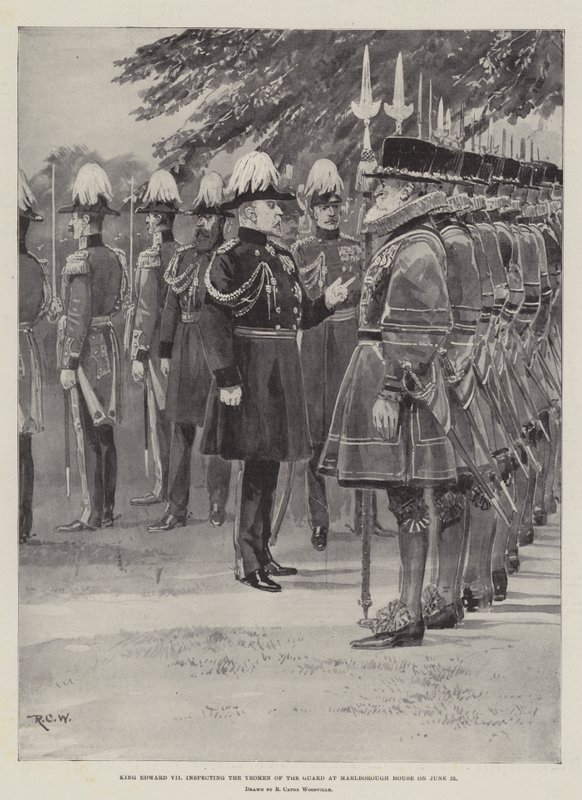 El rey Eduardo VII inspeccionando a los Yeomen de la Guardia en Marlborough House el 25 de junio de Richard Caton Woodville junior