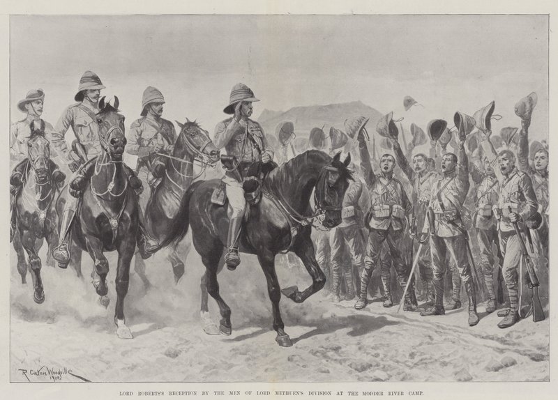 Recepción de Lord Roberts por los hombres de la división de Lord Methuen en el campamento del río Modder de Richard Caton Woodville junior
