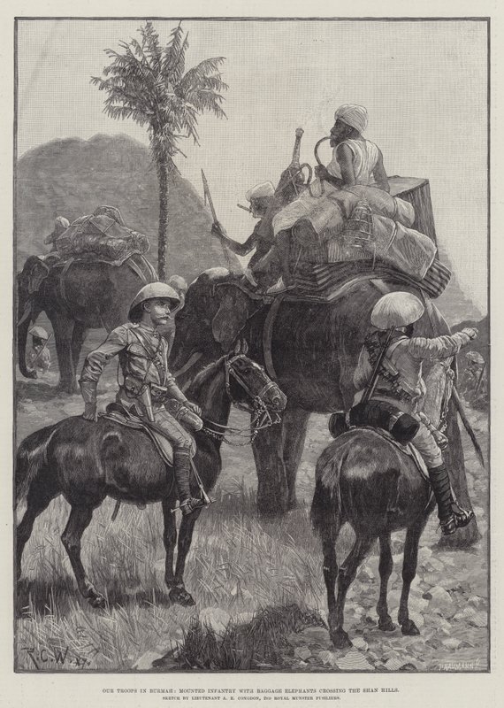 Nuestras Tropas en Birmania, Infantería Montada con Elefantes de Carga cruzando las Colinas Shan de Richard Caton Woodville junior