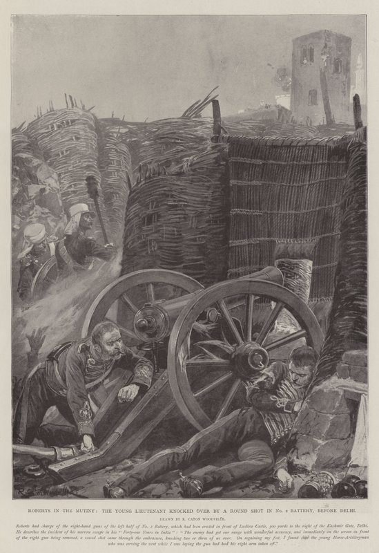 Roberts en el Motín, el Joven Teniente derribado por un Disparo en la Batería No 2, antes de Delhi de Richard Caton Woodville junior