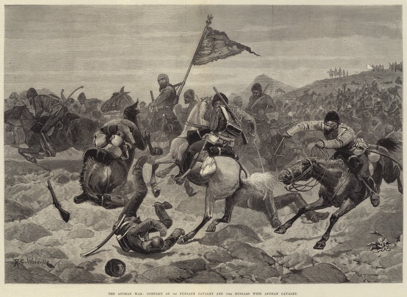 La guerra afgana, conflicto de la 1ª Caballería del Punjab y los 15º Húsares con la caballería afgana de Richard Caton Woodville junior