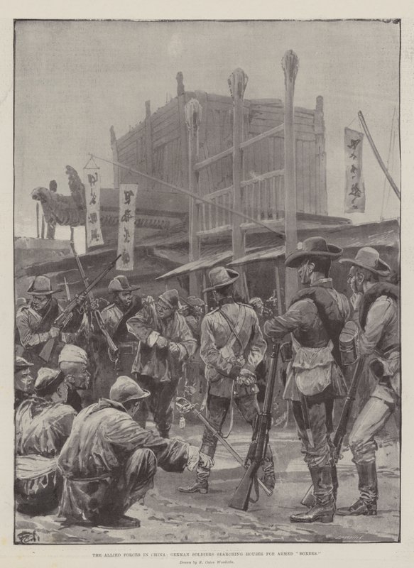 Las fuerzas aliadas en China, soldados alemanes buscando casas por boxeadores armados de Richard Caton Woodville junior